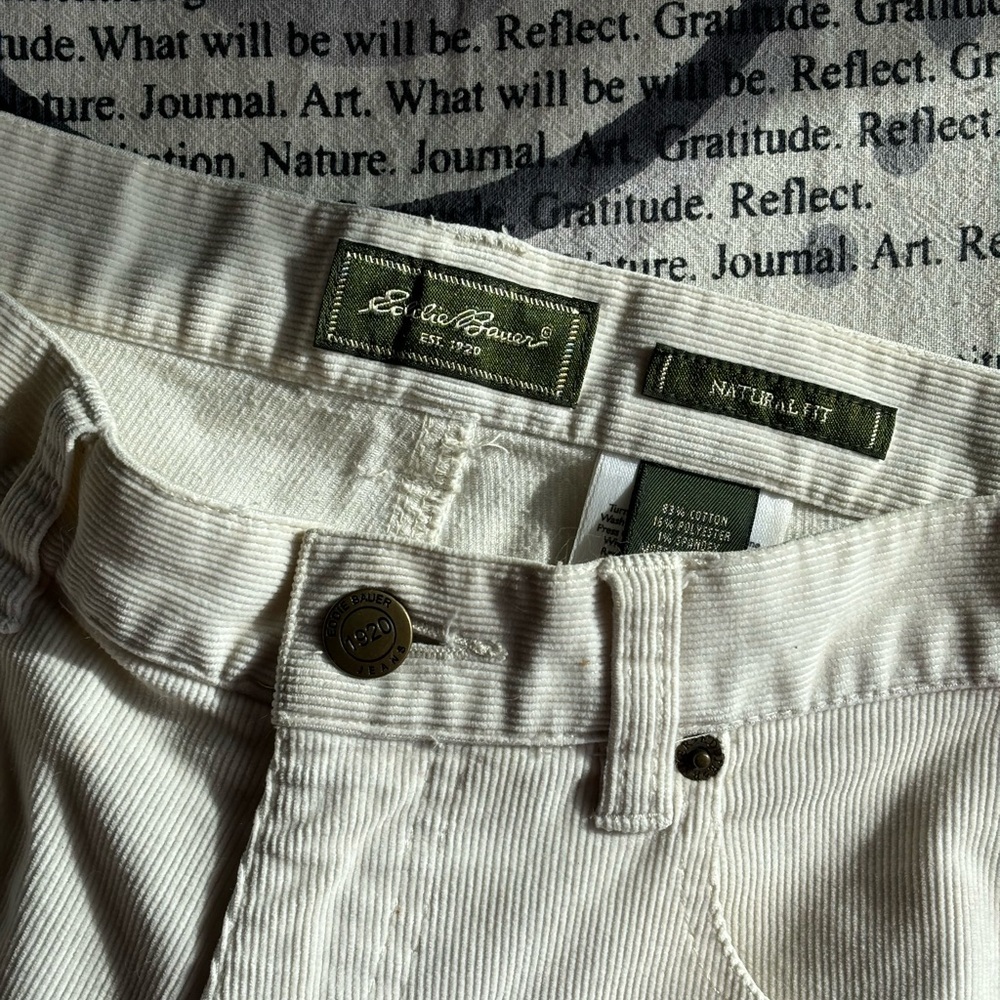 Cream Corduroy Mid-Rise Pants with Relaxed Fit